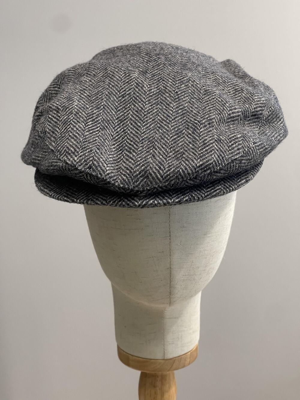 Vintage London Fog Hat Cap Flat Gray Herringbone Wool Lined Mens XL Made In USA